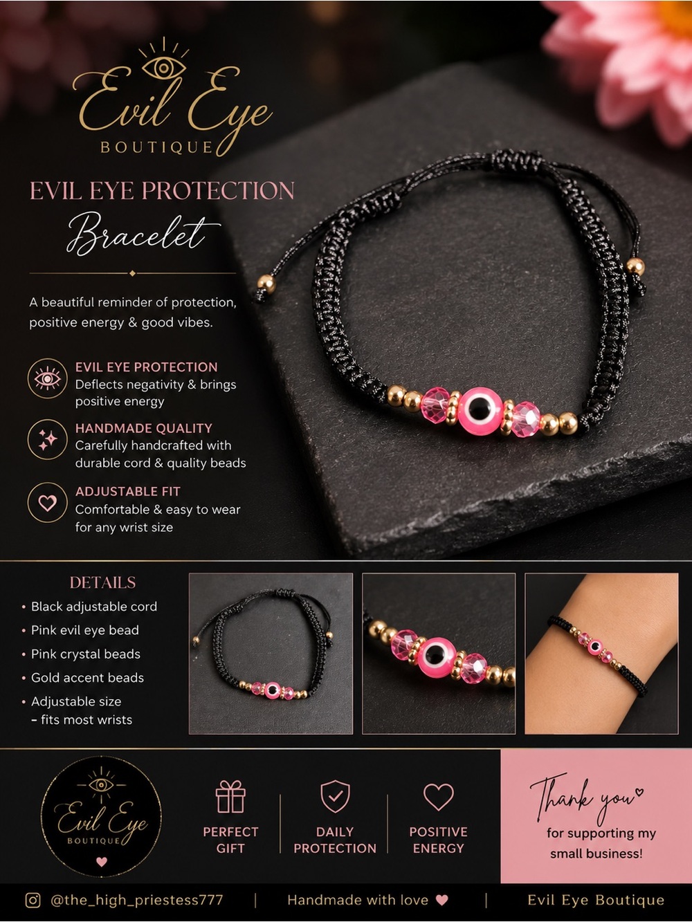 Evil Eye Protection Bracelet in Pink and Black